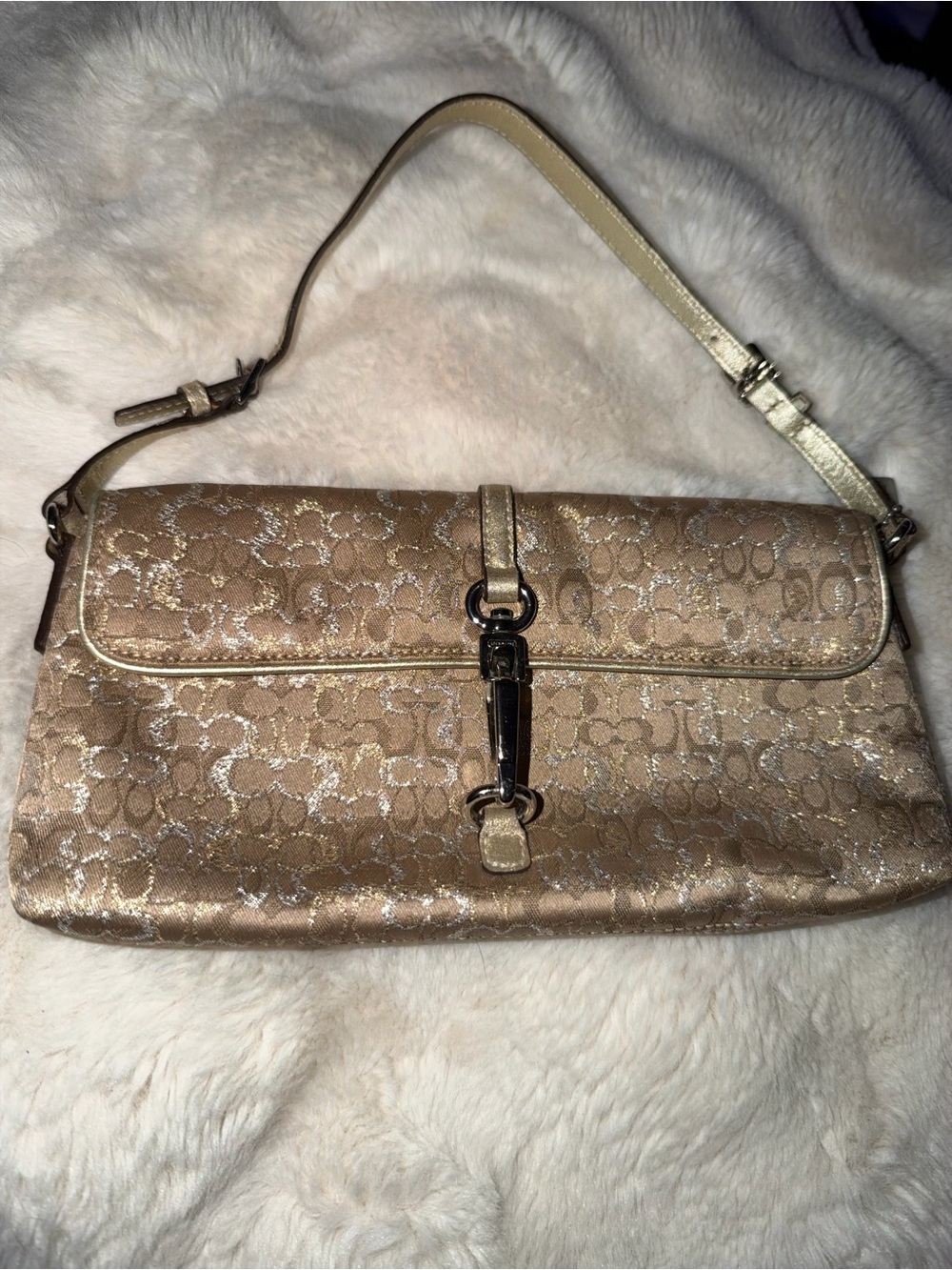 Coach Metallic Champagne Signature Canvas Clutch